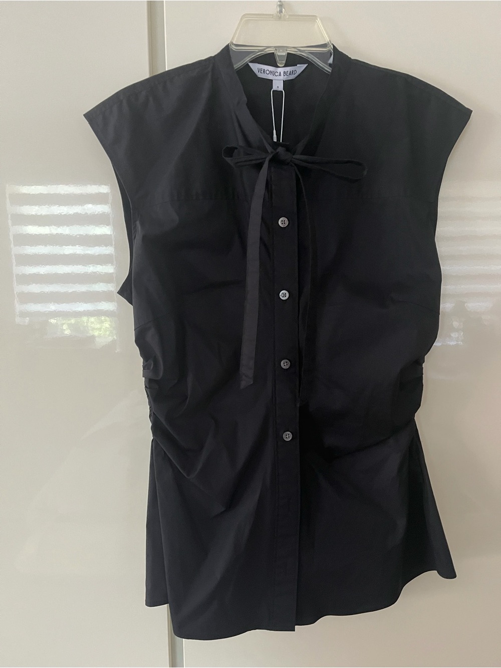 NWT Veronica Beard Joon Tie-Neck Button-Down Blouse Black Size 8 Cotton Poplin